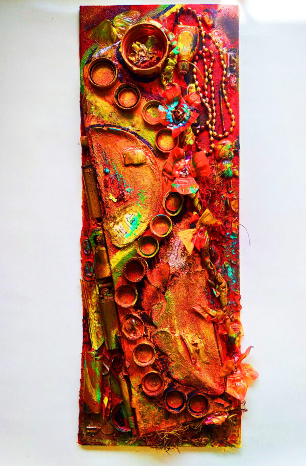 Vibrant Vinyasa- Art- Painting Mixed media recycle findings on Treated Cedar Wood